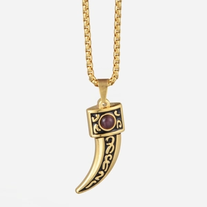 Hip hop titanium steel wolf tooth pendant necklace with red bead and gold finish