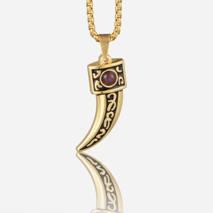 Retro Stainless Steel Wolf Tooth Pendant Necklace Tribal Ethnic Style Inlaid Artificial Gemstone Hip Hop Jewelry Accessory For Men Women