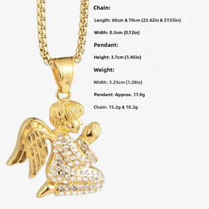 Detail of hip hop angel pendant with white cubic zirconia and golden box chain