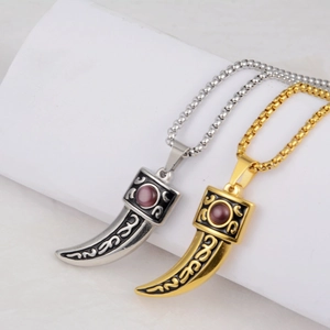 Hip hop vintage titanium steel wolf tooth necklaces with red gems in gold and silver