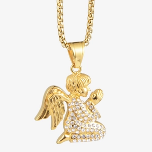 Hip hop style gold titanium steel angel pendant necklace with cubic zirconia for couples