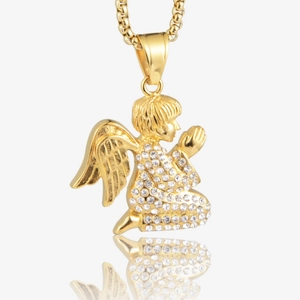 Hip Hop Titanium Steel Praying Angel Pendant Necklace For Men Women Gold Plated Zirconia Inlaid Box Chain Religious Jewelry Gift