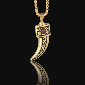 Hip hop wolf tooth pendant necklace in gold stainless steel with red gemstone inlay