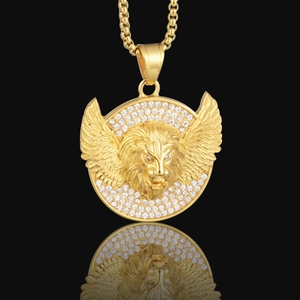 Collar con Colgante de Cabeza de León y Alas de Acero de Titanio Hip Hop Diamantes de Imitación Joyería para Hombre Mujer
