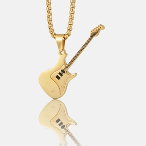 Hip Hop Stainless Steel Electric Guitar Pendant Necklace For Men Women Rhinestone Inlaid Music Theme Jewelry Fashion Accessory