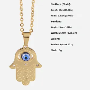 Detail of Hamsa Hand necklace with blue Evil Eye and measurement of the 60cm chain