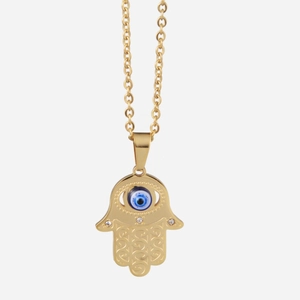 Golden Hamsa Hand necklace with Evil Eye pendant and sparkling zircon accents for women