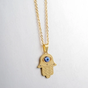 Detailed view of Hamsa Hand pendant with blue Evil Eye and sparkling crystals on gold chain
