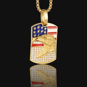Halskette mit goldener Adler-Erkennungsmarke, US-Flagge und Kristallen im Hip-Hop-Stil