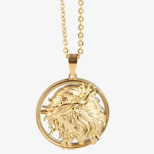 Collier hip hop en acier titane doré avec pendentif rond relief Jésus et épines