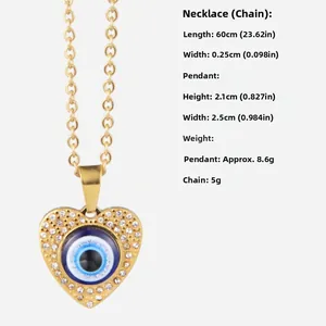 Detail of evil eye heart pendant with dimensions showing 60cm chain and 2.1x2.5cm size