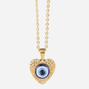 Hip hop heart evil eye pendant necklace in gold titanium steel with white zircon stones