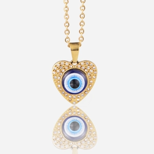 Hip Hop Stainless Steel Heart Evil Eye Pendant Necklace For Men Women Rhinestone Inlaid Gold Silver Color Heart Shape Necklace Jewelry Gift