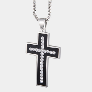 Collier pendentif croix hip hop en acier titane avec émail noir et zircons incrustés