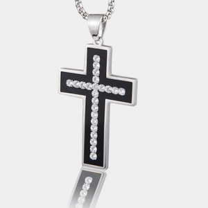 Hip Hop Collier Pendentif Croix en Acier au Titane Homme Femme Émail Noir Strass Bijoux de Mode Religieux Cadeau