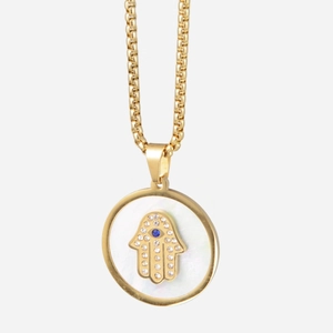 Gold Hamsa Hand of Fatima pendant necklace with blue eye and mother of pearl inlay