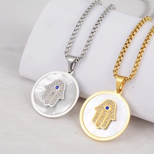 Hamsa Hand and Evil Eye pendant necklace in gold and silver finish with shell inlay