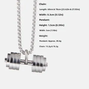 Macro detail of silver stainless steel dumbbell pendant with precise dimensions and weight
