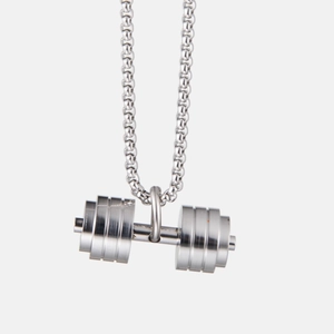 Polished silver dumbbell pendant necklace in stainless steel for fitness hip hop style