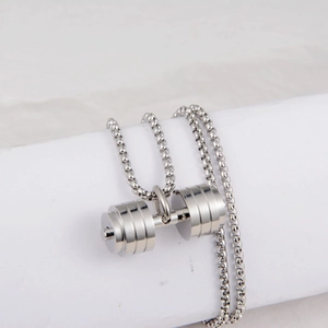 Polished silver dumbbell pendant necklace with bead chain for men and women