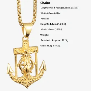 Detail view of golden anchor cross pendant showing precise dimensions and chain lengths