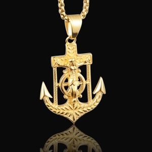 Classic gold anchor and cross pendant necklace with Jesus figure on a box chain