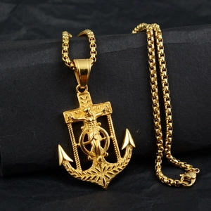Golden titanium steel anchor cross pendant necklace with nautical relief on a box chain