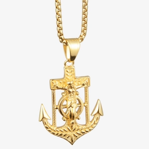 Classic gold titanium steel anchor cross pendant necklace for men and women