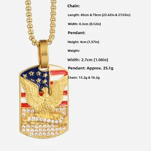 Detail of gold eagle pendant with American flag enamel and white rhinestones