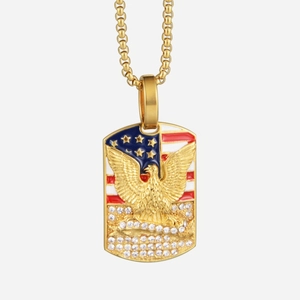 Golden eagle and American flag dog tag necklace with rhinestones and box chain