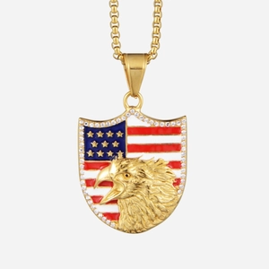 Hip hop titanium steel eagle shield necklace with American flag and crystal accents