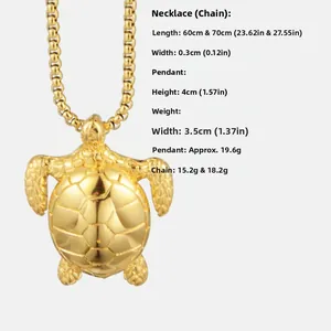 Detailed view of a golden sea turtle pendant with chain and specific size measurements