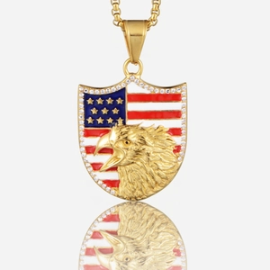 Hip Hop American Flag Eagle Shield Pendant Necklace Stainless Steel Rhinestone Patriotic Jewelry For Men Women Daily Casual Accessory