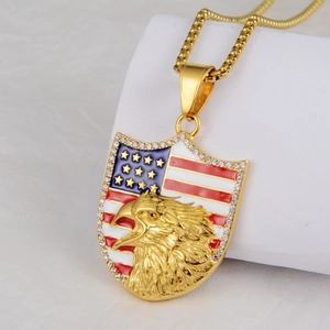 Detail shot of eagle head shield pendant with US flag pattern and crystal inlay