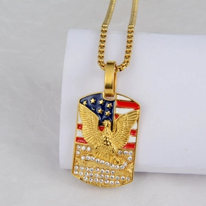 Detailed close-up of eagle pendant with US flag enamel and cubic zirconia stones