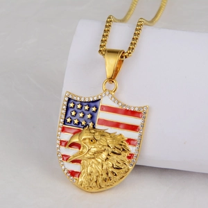 Macro shot of gold shield pendant featuring eagle relief and American flag stars