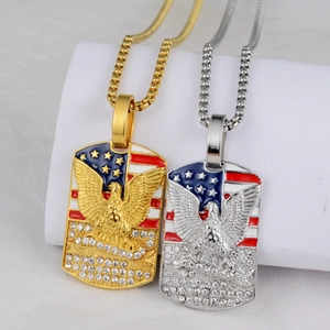 Hip hop eagle military dog tag pendants in gold and silver with rhinestones