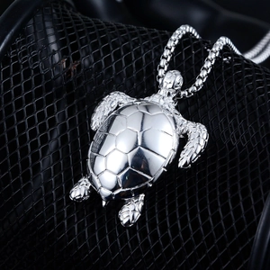 Polished silver turtle pendant necklace on box chain for men and women hip hop style
