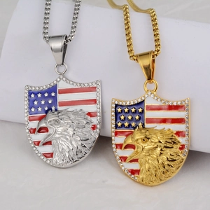 Hip hop shield pendant necklace with eagle and American flag pattern in gold and silver