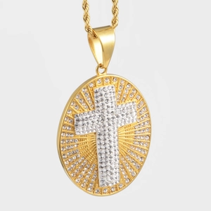 Collier hip-hop doré en acier inoxydable avec pendentif ovale, croix strass et chaîne