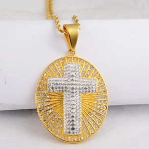 Collier hip hop avec pendentif croix ovale plaqué or et strass brillants pour hommes et femmes