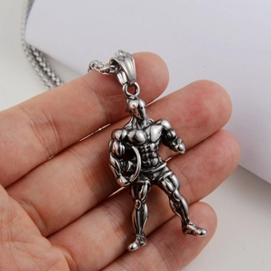 Collier de fitness pour hommes avec pendentif athlète musclé et chaîne en blé argenté