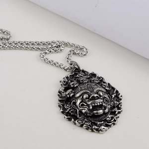 Vintage oxidized lion mask pendant necklace with heavy wheat chain for men