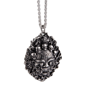 Wrathful Deity Mask Pendant Necklace Antique Silver Alloy Gothic Punk Style Traditional Lion Head Mask Jewelry For Men