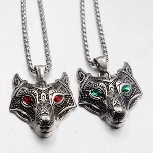 Vintage Wikinger Wolfskopf Anhänger Halskette Titanstahl Hip Hop Punk Schmuck Strass Auge Eingelegt Kette Für Herren Damen