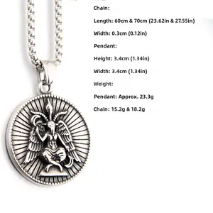 Macro shot of vintage silver Baphomet relief pendant with square pearl chain link