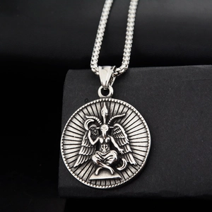 Gothic Baphomet goat head relief necklace in vintage silver steel with box chain