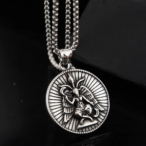 Gothic Baphomet pendant necklace in vintage silver steel with a thick wheat chain