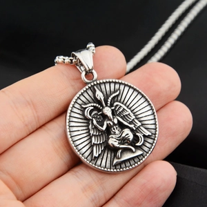 Retro stainless steel Baphomet pendant necklace with embossed ram head and wings
