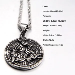 Close-up of vintage steel Viking pendant with Nordic runes and Celtic beast engraving
